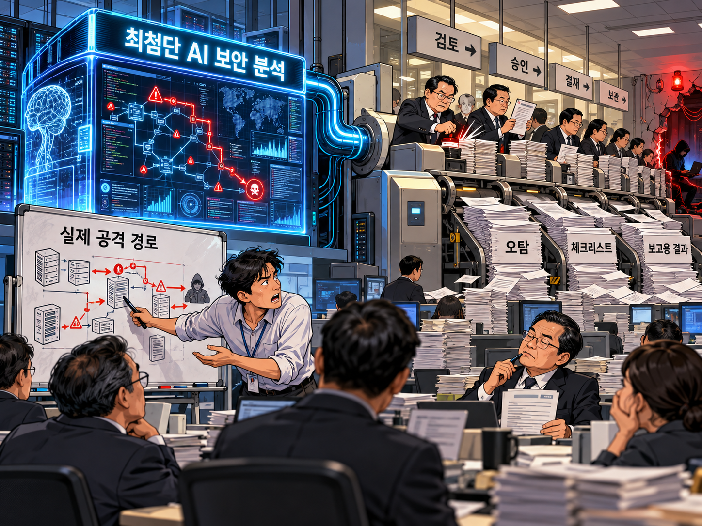AI가 발견한 공격 경로가 검토·승인·결재·보완 절차와 오탐·체크리스트·보고용 결과 서류에 묻히는 보안 조직의 모습