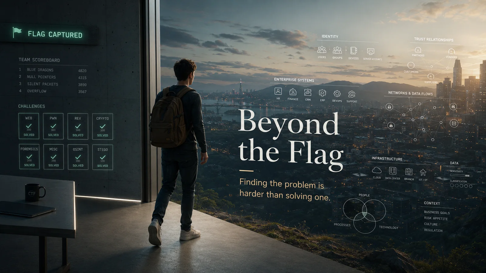 A hacker looking beyond the CTF flag toward the larger structure of enterprise security